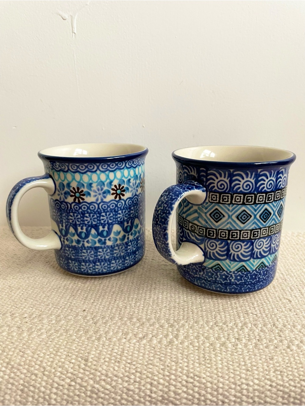 Ceramika Artysty Boleslawiec Polish Pottery Mug Set Blue Mismatched Island Theme